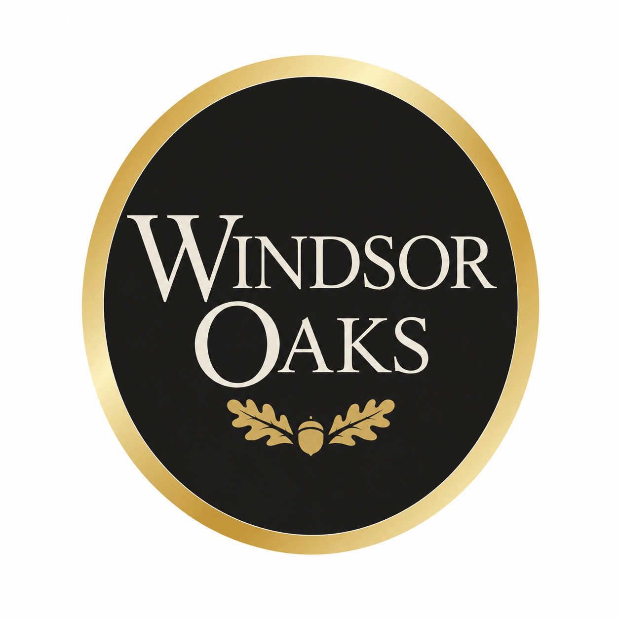 A black and gold logo with the text "Windsor Oaks" and two oak leaves.